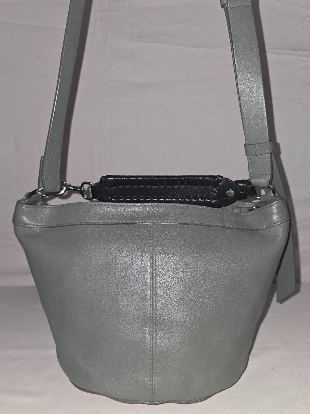 All Saints Fetch Mink Gray Leather Crossbody Bag With Whipstitch Top Handle - Picture 3 of 8